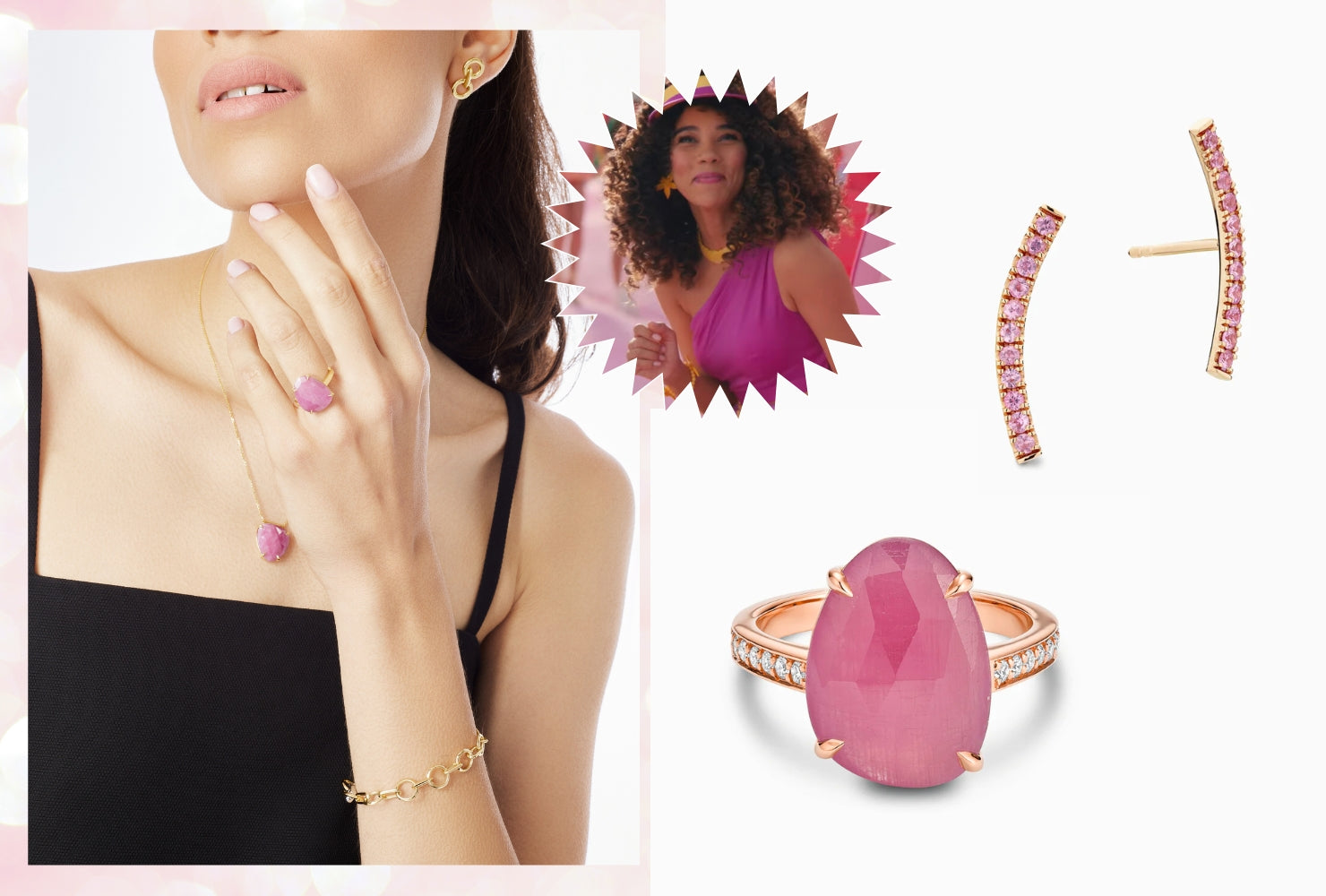 Model wearing pink sapphire jewelry next to an image of Alexandra Shipp's Barbie