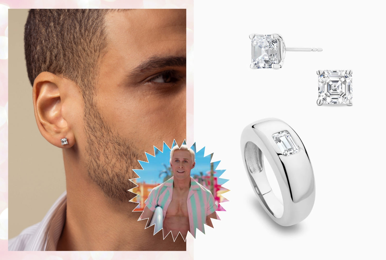Model wearing jewelry for men next to an image of Ryan Gosling's Ken