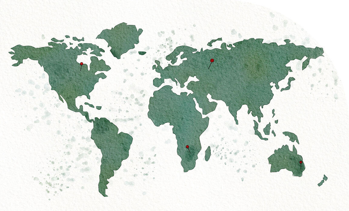 Carte du monde montrant les leiu de provenance des diamants Ecksand éthiques