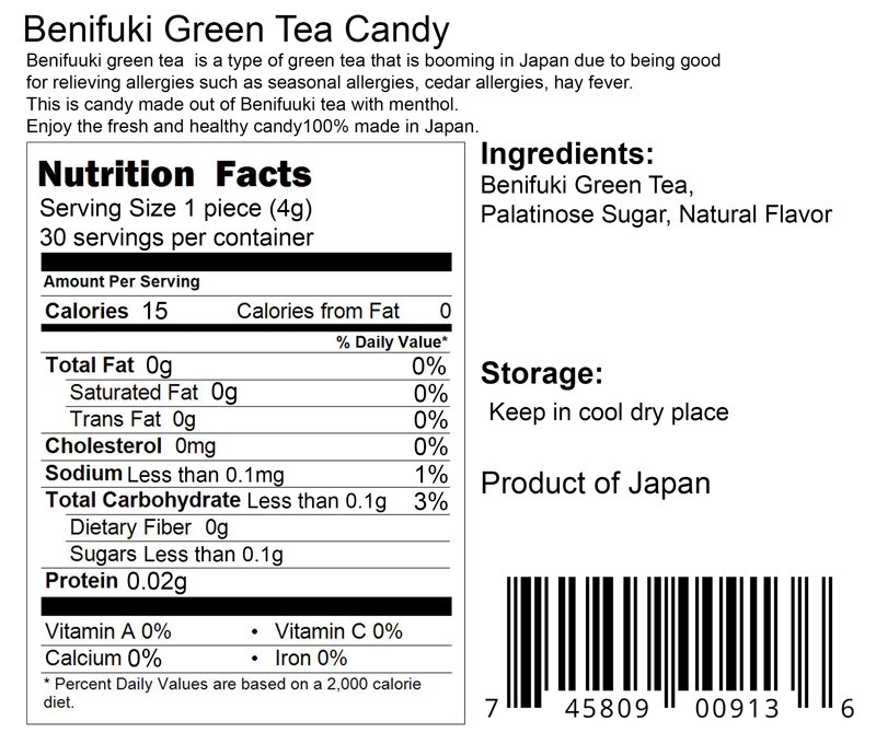 Nutrition Facts - Benifuki Candy