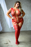 Plus Size High Neck Lace Keyhole Garter Fishnet Bodystocking with Thong