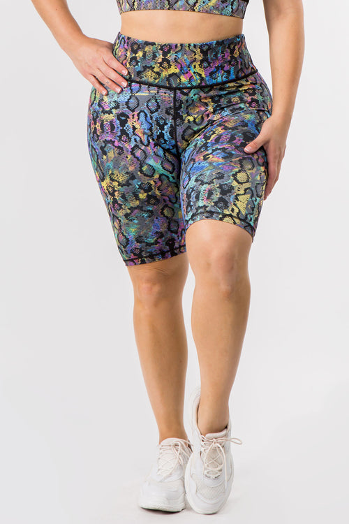 Plus Size Iridescent Snake Print Workout Biker Shorts Set – ICONOFLASH