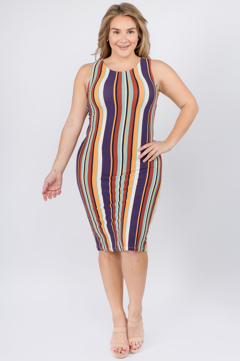 Plus Size Barcelona Multicolored Striped Bodycon Dress ICONO FLASH