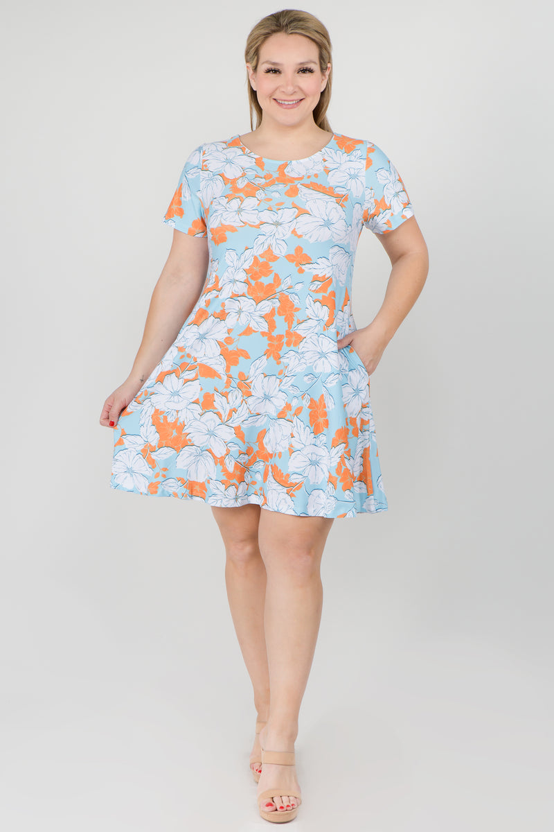 Plus Size Tropical Bloom Short Sleeve Loose Fitted Dress with Pockets