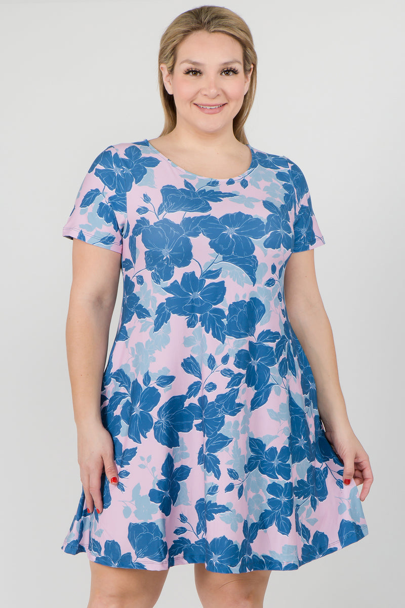 Plus Size Tropical Bloom Short Sleeve Loose Fitted Dress with Pockets