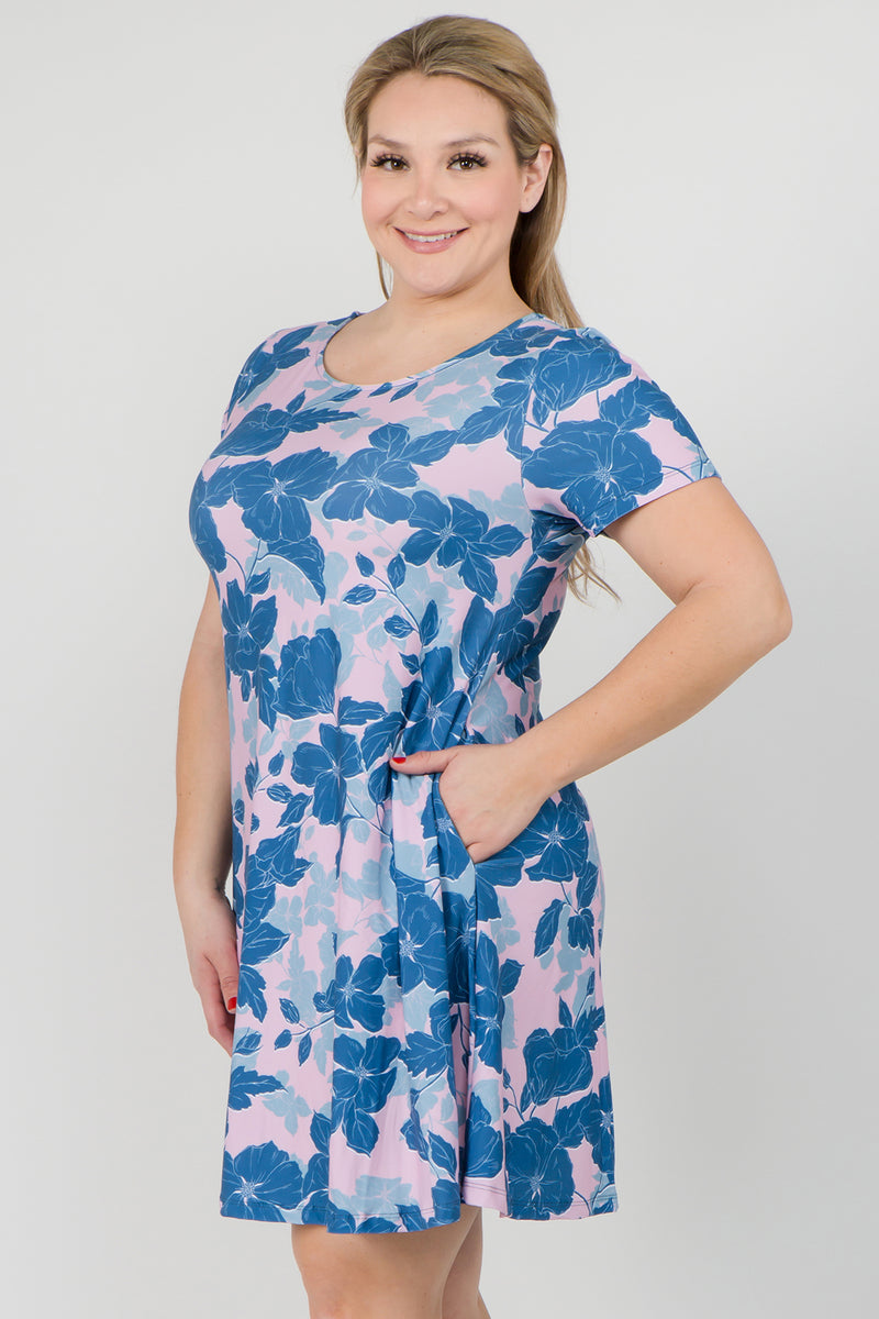 Plus Size Tropical Bloom Short Sleeve Loose Fitted Dress with Pockets