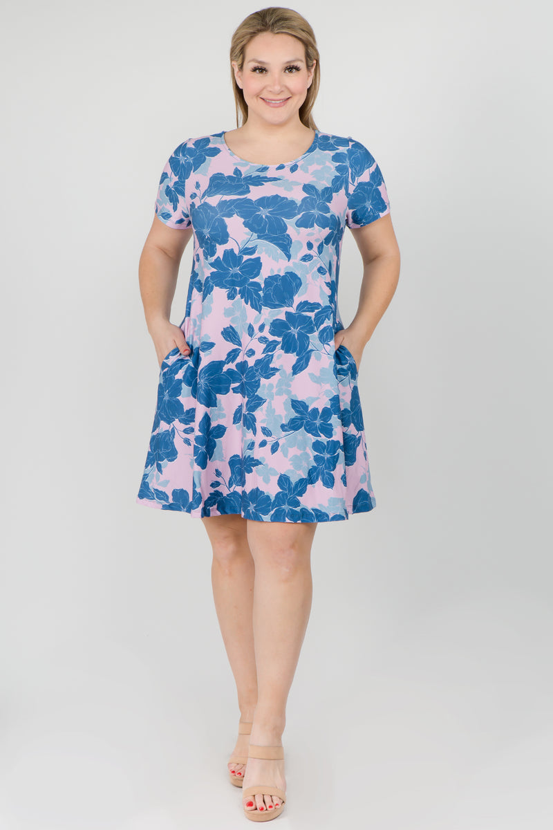 Plus Size Tropical Bloom Short Sleeve Loose Fitted Dress with Pockets