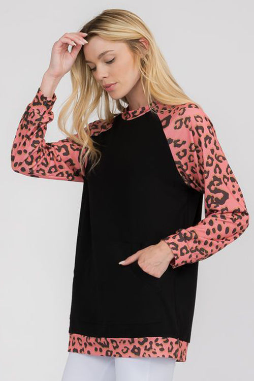 Blushing Leopard Print Long Sleeve Crewneck Top