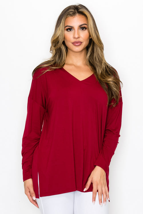 Frontwalk Ladies Basic V Neck Tops Long Sleeve Loose Pullover Women Solid  Color Dailywear T-shirt Red XL 