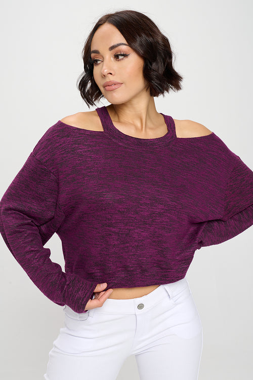 Cropped Heather Knit Cold Shoulder Sweater