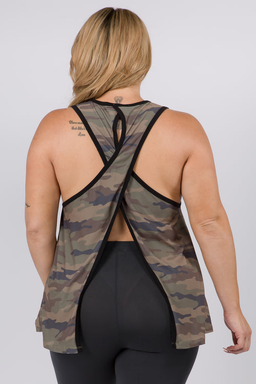 Plus Size Camo Open Back Split Tank Top