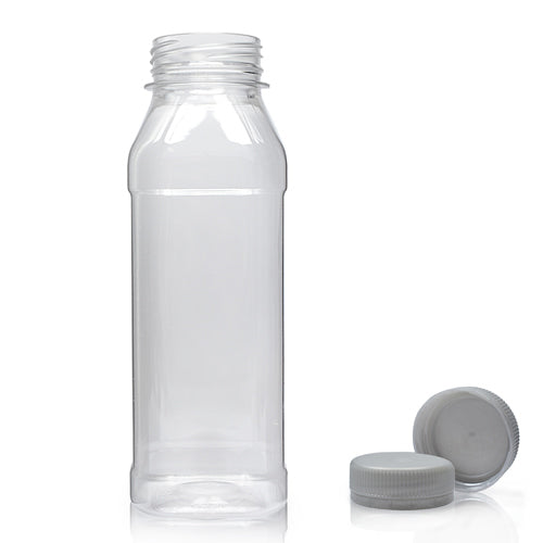 300ml Clear PET Square Juice Bottle & Tamper Evident Cap - Ampulla