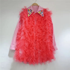 Luxe Ruffled Tulle Shirt Dress with Embellished Collar
