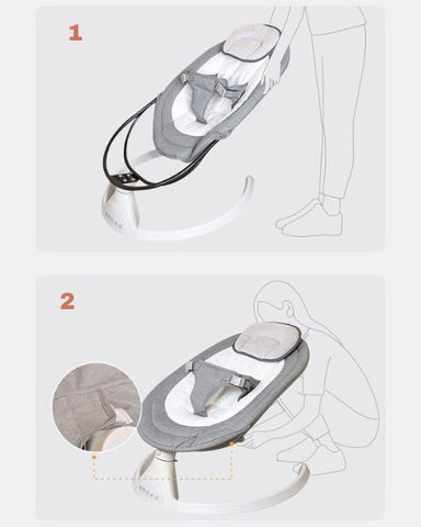 Deux illustrations montrant les étapes d'installation de la housse amovible sur une balancelle bébé électrique.