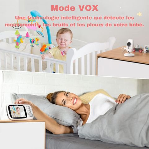 Mère utilisant un babyphone vidéo avec mode VOX, parlant à son bébé visible à l'écran, alors que la technologie détecte les mouvements, les bruits et les pleurs du bébé.