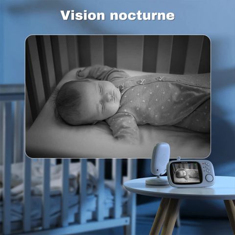 Babyphone vidéo mettant en avant la fonction de vision nocturne avec un enfant endormi dans une chambre sombre, visible sur l'écran de l'appareil