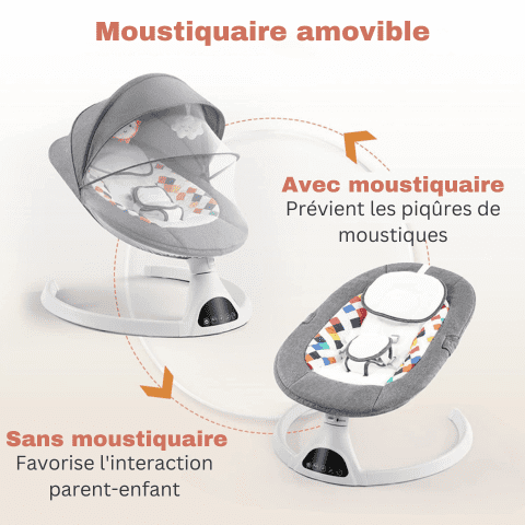 Balancelle bébé électrique grise avec option de moustiquaire amovible.