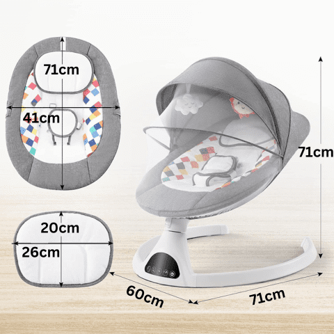 Balancelle bébé électrique avec dimensions indiquées, incluant la moustiquaire et le siège
