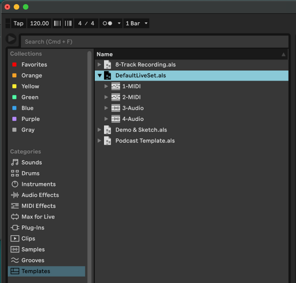 Ableton Live setting default template