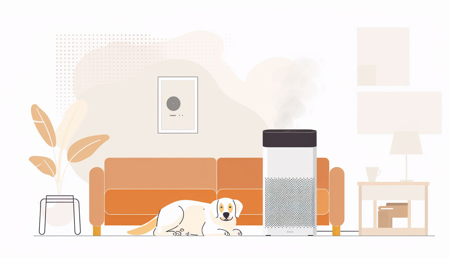 Air purifier cleaning smells coming from dogs in a living room