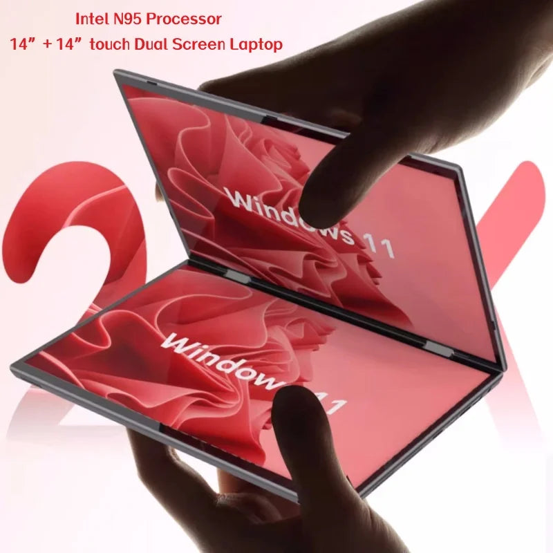 Intel N95 CPU Dual Screen Laptop 14"+14 " 2K Touch Screen Notebook 32GB 360 Degree Flip Metal Case 2 in 1 Laptop Computer