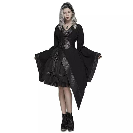 Women's Dark Gothic Punk Asymmetric Cosplay Lolita Kimono Robe Dress