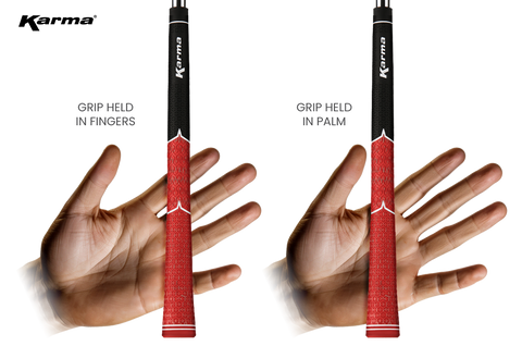 comparison of someone holding a Karma grip in their fingers and one holding the grip in their palm