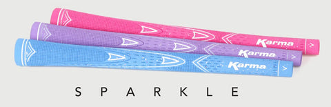 blue, purple and pink Karma Sparkle golf grips next to one another