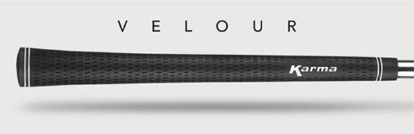 horizontal view of a Karma Velour black golf grip on a steel golf shaft