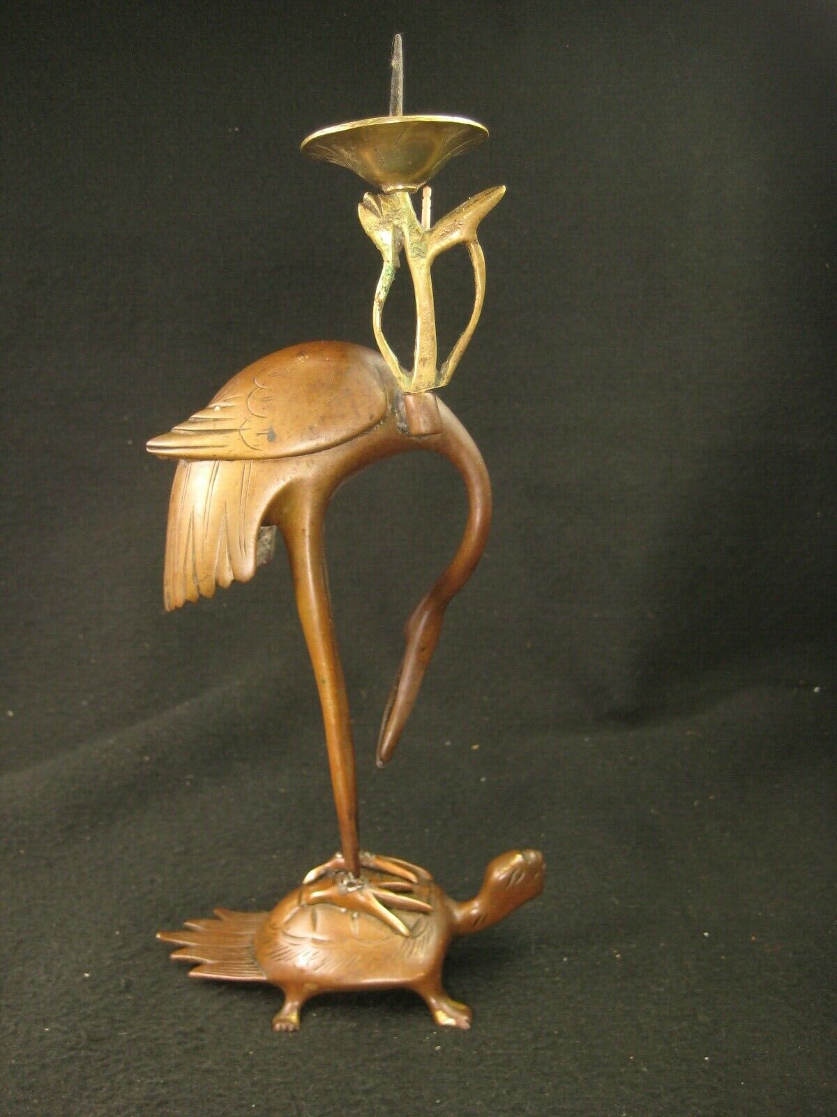 Antique Japanese Bronze Candle Holder Statue Crane Bird & Turtle (Tsuru/Kame)