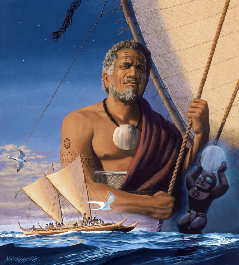 'Navigator' a painting by Herb Kawainui Kāne featuring a realistic depiction of an ancient Polynesian navigator sailing his vessel across the Pacific Ocean.