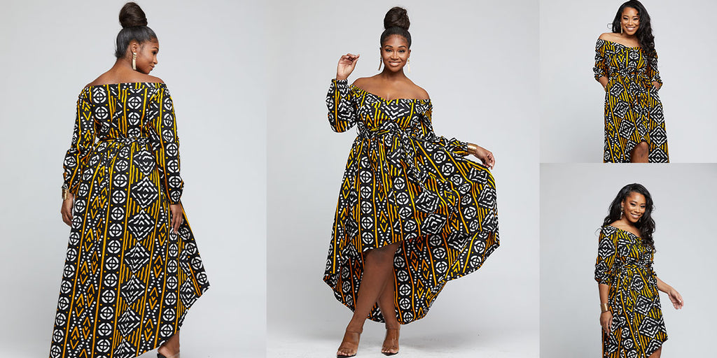 Afua African Print High-Low Off-Shoulder Maxi Dress