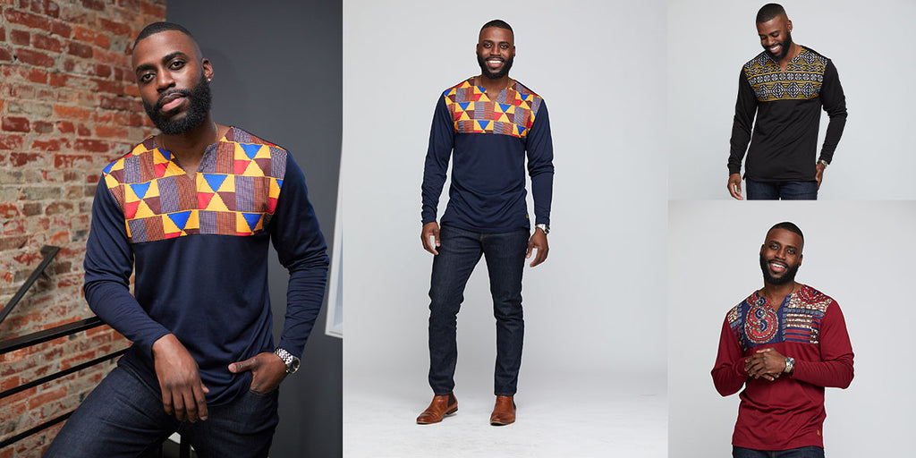 Bomani Men's African Print Long Sleeve V-neck Tee