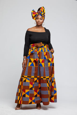 NYAH AFRICAN PRINT MAXI SKIRT WITH TIE (GOLD RED KENTE)