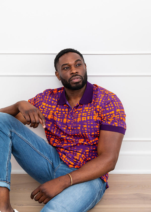 Femi Men's African Print Polo (Purple Tangerine Adire)