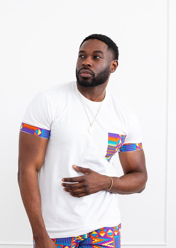 Seun Men's African Print T-Shirt with Pocket (Rainbow Kente)