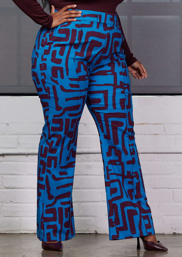 Abebe Women's African Print Stretch Wide Leg Pants (Fig Blue Geometric)