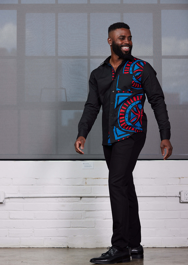 Abiade Men's African Print Button-Up (Black/Blue Red Tiles)