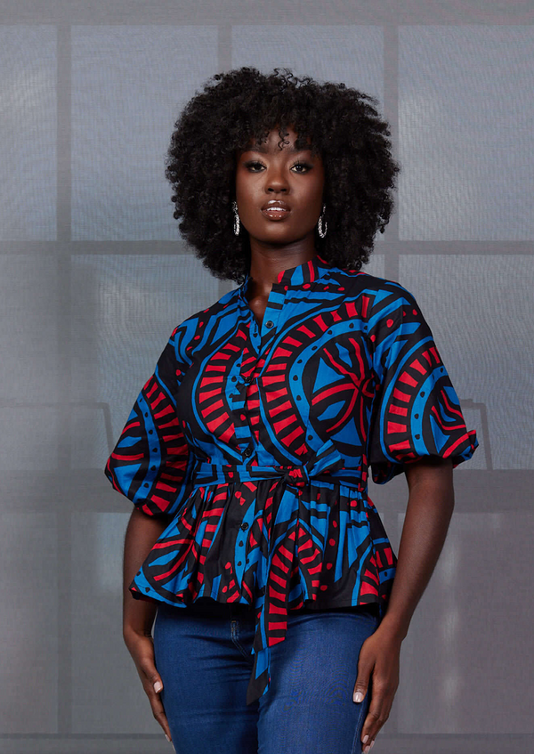 Aega Women's African Print Peplum Blouse (Blue Red Tiles)