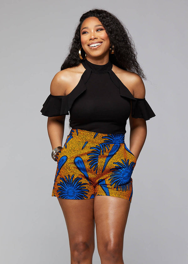 african print shorts and top