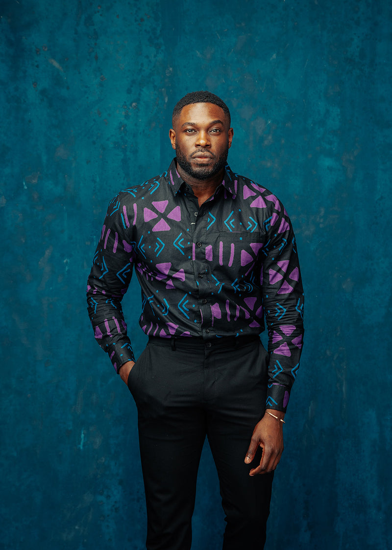 Chane Men's African Print Button-Up Shirt (Black Purple Mudcloth)