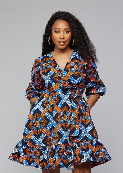 Ongekend Aria African Print Midi Wrap Dress (Navy Orange Tiles) – D'IYANU ED-17