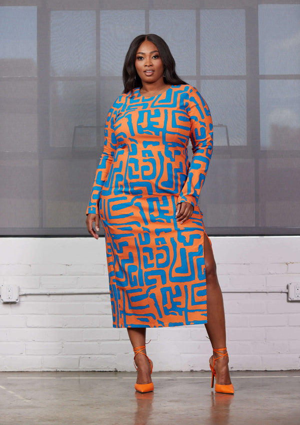 Sabella Women's African Print Stretch Dress (Fig Blue Geometric