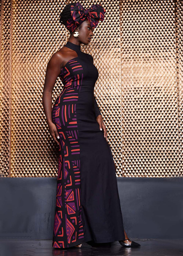 QUEEN MAKEDA (WOMEN'S BALL GOWN/DRESS IN GOLD, PURPLE, BLUE AND BROWN  AFRICAN ANKARA PRINT PATTERN) - Chimzi