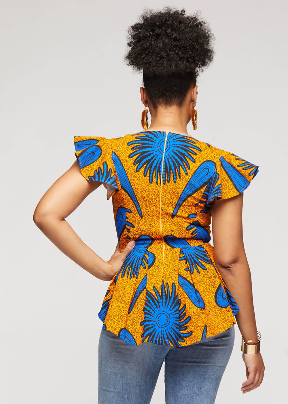 Zera African Print Stretch Peplum Top (Gold Royal Blue ...