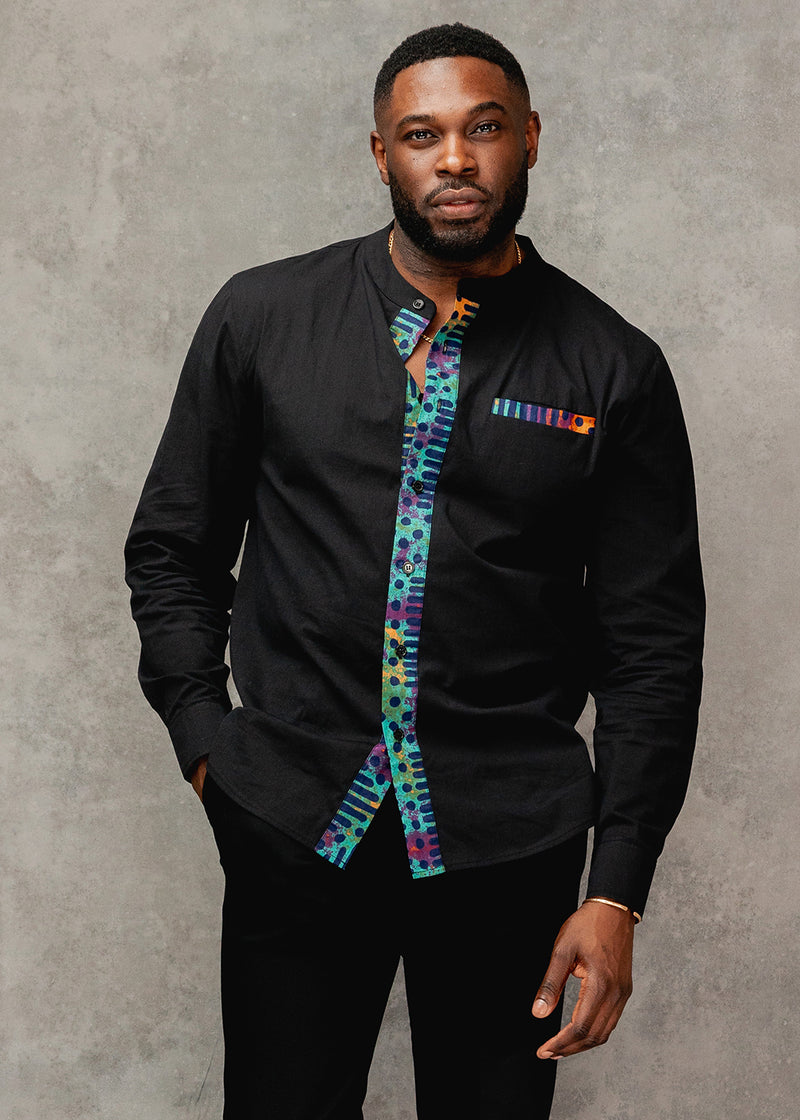 Ireti Men's African Print Button-Up Shirt (Black/Jade Amber Adire)