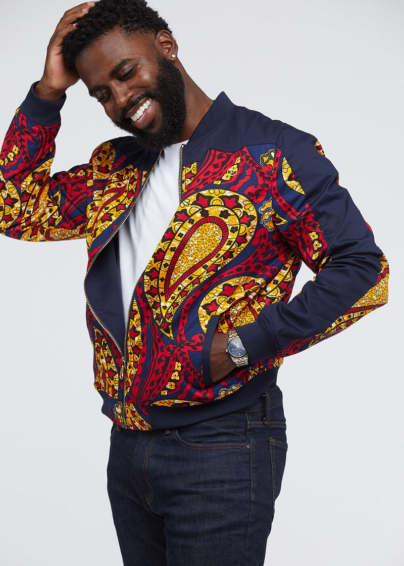 Ise African Print Reversible Bomber Jacket (Navy/Navy Gold Paisley)