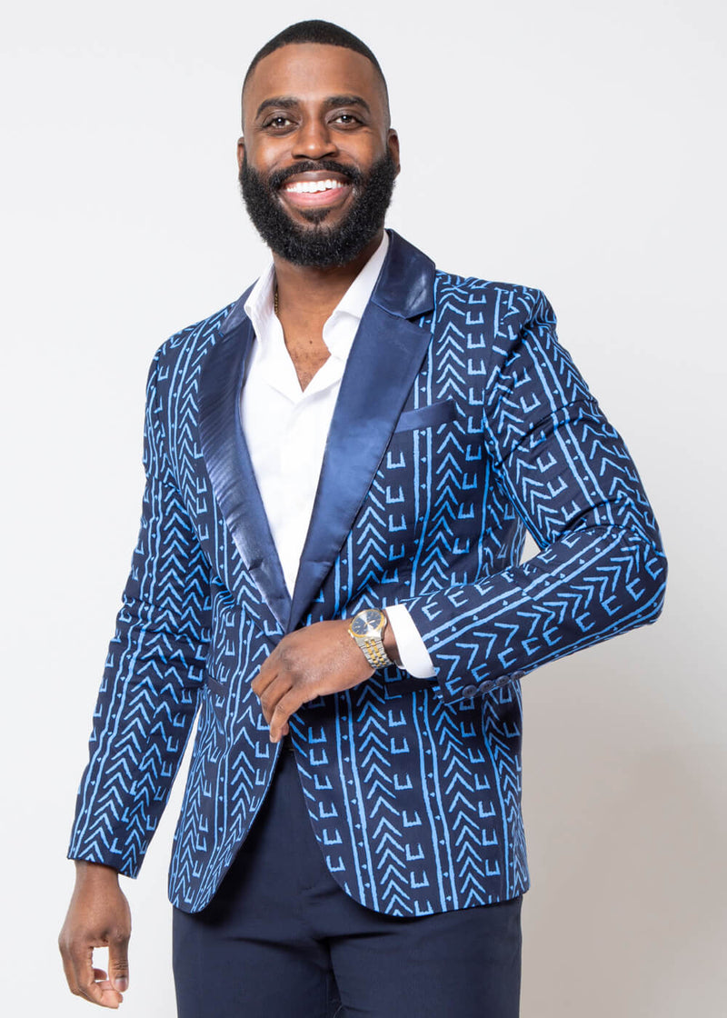 Enofe African Print Color-Blocked Blazer Blue Navy Mudcloth – D'IYANU