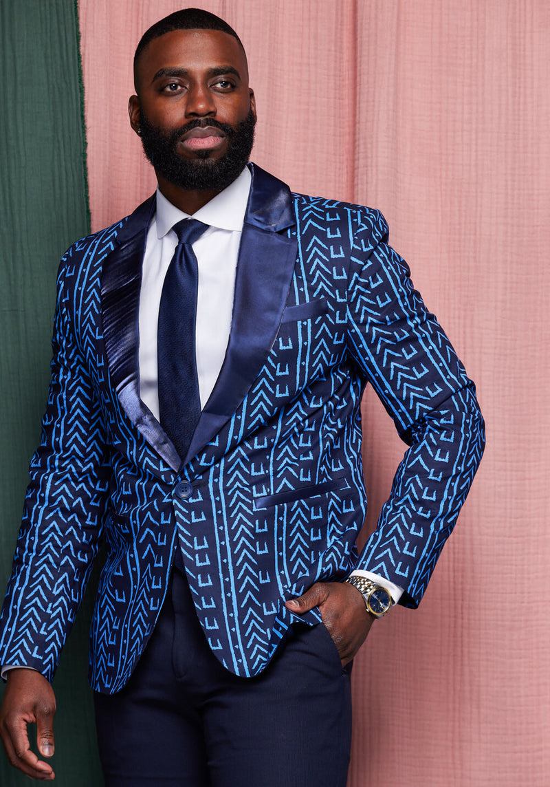 Enofe African Print Color-Blocked Blazer Blue Navy Mudcloth – D'IYANU