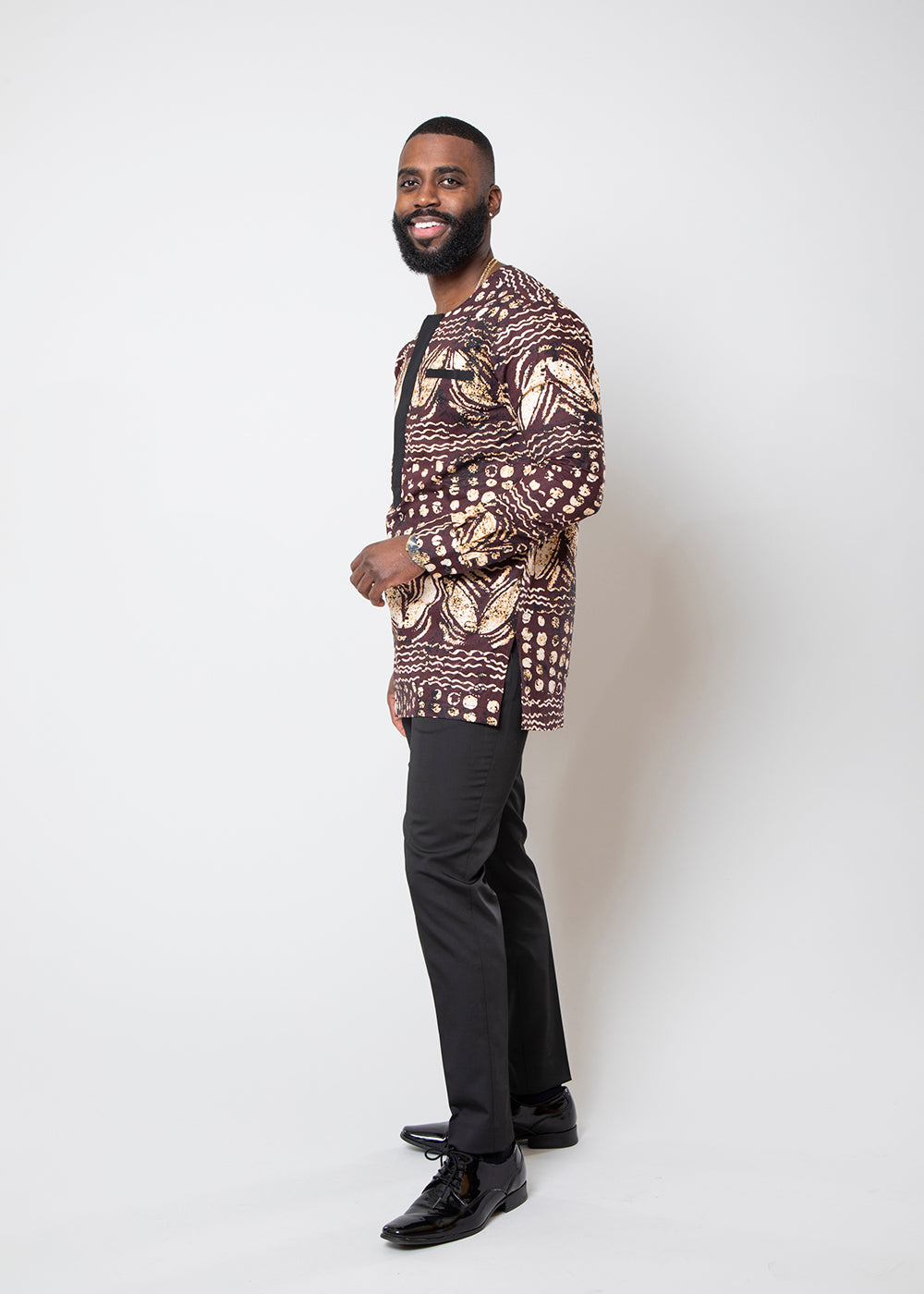 Ibrahim African Print Traditional Shirt (Brown Black Adire)